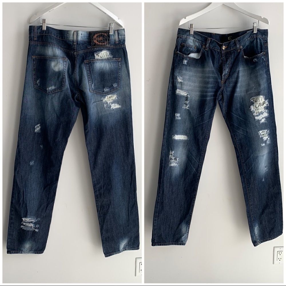 Just Cavalli by Roberto Cavalli men’s distressed dark blue jeans, 40 by 54